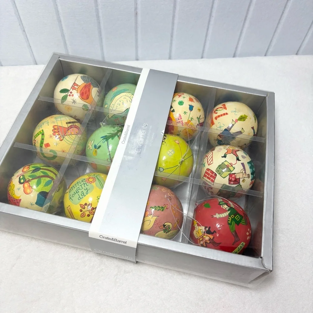 Crate&Barrel Twelve Days of Christmas Ornament Set PAPER MACHE‎ ORNAMENTS